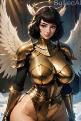 1girls ai_generated angel angel_wings armor big_breasts blush breasts brown_hair clothed curvaceous curvy dark_hair eyelashes feathered_wings female gauntlets gold_armor groin halo head_wings highleg hourglass_figure knight leotard light-skinned_female light_skin lips mature_female medium_hair milf pauldrons persona persona_5 persona_5_royal sadayo_kawakami solo sulliedai sunlight swept_bangs teacher thin_waist voluptuous voluptuous_female wavy_hair wide_hips wings