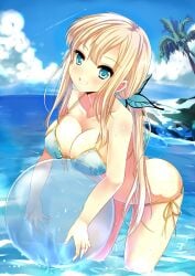 alternate_hairstyle aqua_eyes ball beach_ball bikini blonde_hair blue_bikini boku_wa_tomodachi_ga_sukunai breasts butterfly_hair_ornament commentary_request female hair_ornament halterneck highres large_breasts long_hair lowleg lowleg_bikini ocean palm_tree ponytail sena_kashiwazaki side-tie_bikini_bottom smile solo string_bikini swimsuit tree xephonia