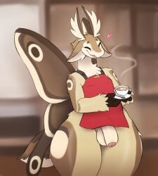 anthro apron arthropod atherol beverage blush clothing coffee flaccid foreskin genitals hi_res humanoid insects lepidopteran male moth no_humans non-human non-human_only penis solo thick_thighs