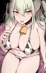 1girls alternate_hairstyle annoyed arm_support beauty_mark bell_collar belly bikini breasts ceres_fauna ceres_fauna_(3rd_costume) cleavage cow_girl cow_print cow_print_bikini embarrassed hololive hololive_english hololive_english_-council- hololive_english_-promise- huge_breasts mole_under_eye sitting sitting_on_bed solo thick_thighs twintails unamused virtual_youtuber wide_hips