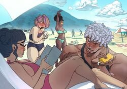 4girls afro ambiguous_gender beach bikini blush chubby clouds dark-skinned_female embarrassed eye_scar female female_only glasses green_nails grey_hair hair_bun hair_over_one_eye humanformers humanized lesbian lube_bottle magazine megatron mountain multiple_girls muscular_female parasol phone rule_63 shades shockwave shockwave_(transformers) sitting sky soundwave starscream stretching sunlight sunscreen swimsuit transformers two_tone_hair unknown_artist