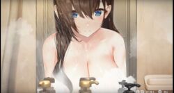 blue_eyes breasts brown_hair cleavage female game_cg haishin ikoma_mio mirror upper_body