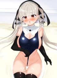 1girls alternate_costume azur_lane black_gloves black_thighhighs blush breasts commentary_request commission cum cum_on_body daichi_(tokoya) elbow_gloves female female_only formidable_(azur_lane) gloves grey_hair groin highres large_breasts light-skinned_female light_skin long_hair looking_at_viewer nipples red_eyes royal_navy_(azur_lane) skeb_commission solo thighhighs twintails