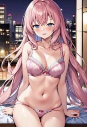 194nis 1girls ai_generated bangs bed belly_button blue_eyes blushing_at_viewer busty_female city_background classroom_of_the_elite female female_focus female_only grabbing_sheets horny_female ichinose_honami_(cote) long_hair pink_bra pink_hair pink_panties pov_eye_contact ribbon_bra ribbon_panties schoolgirl sitting_on_bed solo_female solo_focus stomach underwear_only