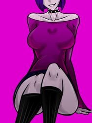 1girls ass big_breasts big_butt blouse breasts choker collar crossed_legs dc dc_comics goth gothic minishorts once_(artist) purple_hair rachel_roth raven_(dc) seductive seductive_smile sitting smile smiling smooth_skin teen_titans tights