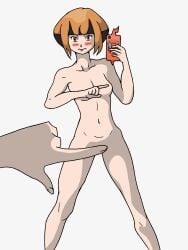 1girls drawfag embarrassed female gardenia_(pokemon) headband looking_at_viewer nude one_finger_selfie_challenge one_finger_selfie_challenge_(meme) orange_hair pokemon rotom_phone white_background