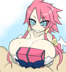 1boy 1girls alternate_breast_size artina big_breasts bimbo blue_eyes blush breast_grab breast_hold breasts bursting_breasts color cum cum_between_breasts disgaea disgaea_4 dress ejaculation ejaculation_between_breasts engulfing_paizuri female gigantic_breasts huge_breasts hyper_breasts large_breasts long_hair male massive_breasts nippon_ichi_software paizuri paizuri_lead_by_female paizuri_on_lap paizuri_under_clothes penis pink_hair straight sweat vaba