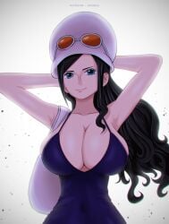 1girls arms_behind_head bare_arms bare_shoulders big_breasts black_hair blue_eyes clothed clothing color dress dressrosa female female_focus female_only hat hi_res hiyozuki large_breasts light-skinned_female light_skin long_hair looking_at_viewer nico_robin one_piece post-timeskip shounen_jump solo solo_female sunglasses sunglasses_on_head tagme