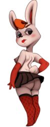 1girls animal_crossing blush brown_hair erect_nipples female lipstick nintendo no_bra no_panties rabbit solo stockings tiffany_(animal_crossing) topless white_fur