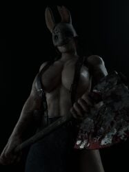 1girls 3d athletic_female axe big_breasts black_background blood_on_face blood_stain dbd dead_by_daylight female huntress_(dead_by_daylight) looking_at_viewer looking_down masked masked_female muscular_female overalls_only shirtless vensaku weapon