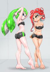 2d 2girls agent_3_(splatoon) agent_8_(splatoon) ass_cleavage blue_eyes butt_crack cute green_hair hands_behind_back hands_in_hair highres inkling inkling_girl koharuno2 nintendo octoling octoling_girl red_hair short_shorts skimpy_clothes splatoon splatoon_(series) splatoon_2 splatoon_2:_octo_expansion strapless_bra tagme teenager tentacle_hair thin_waist tiptoes yellow_eyes