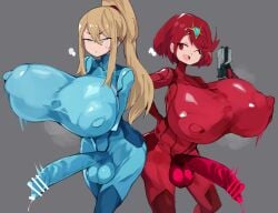 2futas 69anon69_(edit) alternate_costume balls bar_censor big_ass black_gloves blonde_hair blue_eyes bodysuit breasts censored clothed clothing crossover duo edit erection erection_under_clothes fully_clothed futa_only futanari gigantic_breasts gloves gun huge_breasts huge_cock human kemomoz latex latex_bodysuit latex_breasts latex_futa latex_gloves latex_nipples latex_stockings latex_suit latex_thigh_highs latex_thighhighs light-skinned_futanari light_skin metroid nintendo nipple_bulge one_eye_closed penis ponytail pyra red_eyes red_hair samus_aran samus_aran_(cosplay) short_hair standing super_smash_bros. sweat testicles tiara top_heavy wide_hips wink xenoblade_(series) xenoblade_chronicles_2 zero_suit zero_suit_samus zero_suit_samus_(cosplay)