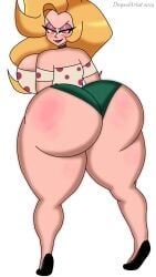 ass ass_bigger_than_breasts ass_bigger_than_head ass_bigger_than_torso big_ass big_breasts big_butt breasts clothed dropedartist enormous_ass enormous_butt female female_human female_only helluva_boss huge_ass huge_butt legs looking_at_viewer martha_(helluva_boss) red_eyes smile smiling talking_to_viewer text yellow_hair