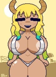 1girls animated areola areola_bulge areola_slip areolae beach bikini blonde_hair bouncing_breasts female_only gigantic_breasts happy horn horns huge_breasts long_hair lucoa mature mature_female micro_bikini miss_kobayashi's_dragon_maid nipple_bulge octotron2000 pixel_art quetzalcoatl_(dragon_maid) sling_bikini smile solo solo_female tan_body tanned thick_thighs wide_hips