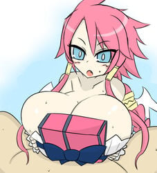 1boy 1girls alternate_breast_size artina big_breasts bimbo blue_eyes blush breast_grab breast_hold breasts bursting_breasts color disgaea disgaea_4 dress engulfing_paizuri female gigantic_breasts huge_breasts hyper_breasts large_breasts long_hair male massive_breasts nippon_ichi_software paizuri paizuri_lead_by_female paizuri_on_lap paizuri_under_clothes penis pink_hair straight sweat vaba