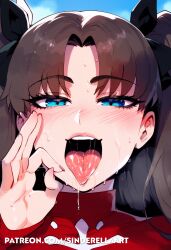 1girls ai_generated blowjob_gesture fate/stay_night fate_(series) female female_only sinderellaart solo tease teasing thiccwithaq_(ai_style) tohsaka_rin wet