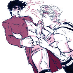 2boys artist_signature battle_tendency blowjob blush boxers boxers_down caesar_zeppeli closed_eyes dialogue erect_penis fellatio gay imminent_fellatio jojo's_bizarre_adventure joseph_joestar licking_penis male male/male male_only one_punch_titty partially_colored penis pubic_hair ren_valentine simple_background testicles white_background yaoi