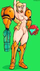 1girls abs armor armored_samus big_breasts big_lips blonde_hair buff frealish functionally_nude helmet helmet_with_visor looking_at_viewer metroid power_suit pussy samus_aran sweat sweatdrop taller_girl thick_thighs varia_suit varia_suit_helmet