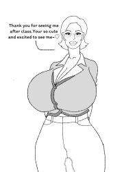 anonsmall big_ass big_breasts big_lips caitlin_bazzi cardigan classroom cleavage glasses huge_breasts ms_bazzi pants plump_lips small_penis small_penis_adoration teacher teacher_and_student