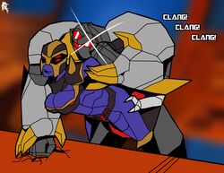 1girls autobot blackarachnia decepticon desertdragon94 doggy_style fangs female female_focus grimlock_(transformers) grin hanging_breasts male red_eyes sound_effects standing_doggy_style standing_sex traced transformers transformers_animated transformers_g1