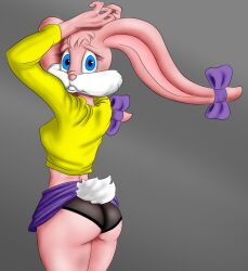 ass_focus babs_bunny blue_eyes looking_at_viewer looking_back pink_fur purple_ribbon rabbit rabbit_ears rabbit_tail skirt_up tiny_toon_adventures yellow_shirt