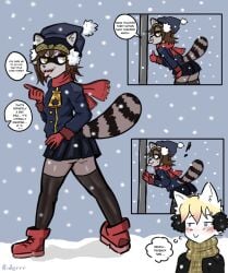 argyle(riderrr) blush blush_lines catboy comic comic_page furry leggings raccoon raccoon_tail riderrr riley(riderrr) sharp_teeth snow yellow_eyes