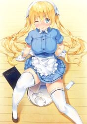 ;o accident apron aqua_eyes arm_behind_back arms_behind_back blend_s blonde_hair blue_dress blue_eyes blush breasts brown_footwear commentary_request dress fallen_down female foreshortening frilled_apron frills from_above gloves head_scarf highres hinata_kaho jar kazuma_(kazumav) knee_up large_breasts long_hair looking_at_viewer menu napkin nose_blush on_floor one_eye_closed open_mouth panties pantyshot pantyshot_through_reflection pleated_skirt polka_dot polka_dot_panties puffy_short_sleeves puffy_sleeves reflection shoes short_sleeves sitting skirt solo spill stile_uniform sweat tareme thighhighs thighs tray twintails underwear very_long_hair waist_apron waitress water white_apron white_gloves white_panties white_thighhighs wince wooden_floor zettai_ryouiki