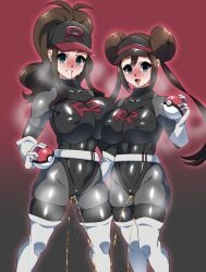 2girls black_leotard bodysuit boots breasts cameltoe covered_nipples cowboy_shot double_bun empty_eyes gloves hair_bun highres hilda_(pokemon) holding holding_poke_ball large_breasts leotard long_hair multiple_girls nipples non-web_source open_mouth peeing peeing_self peeing_through_clothing peeing_together poke_ball poke_ball_(basic) pokemon pokemon_bw pokemon_bw2 ponytail rosa_(pokemon) saliva team_rocket team_rocket_uniform thigh_boots thighhighs twintails urine white_gloves xenoxeno