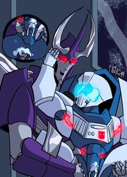 autobot close-up cum_in_ass cum_on_self cyclonus decepticon gay grin hand_on_head lifting married_couple red_eyes tailgate transformers yaoi