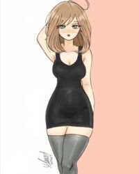 black_dress blonde_hair blush dark_blonde dark_blonde_hair dirty_blonde dirty_blonde_hair green_eyes high_socks image medium_breasts red_lipstick sandy_blonde sandy_blonde_hair