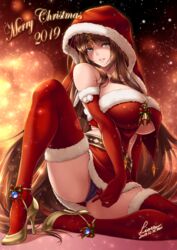 1girls big_breasts black_panties brown_hair christmas christmas_outfit cowl elbow_gloves female female_only fur_trim gaia_(mythology) gloves goddess greek_mythology green_eyes high_heels hood huge_breasts jewelry light-skinned_female light_skin lioreo long_gloves long_hair looking_at_viewer original panties red_gloves red_thighhighs santa_costume sitting solo thighhighs tiara underboob very_long_hair