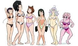 animal_ears anthro bat_girl bikini black_hair blank_background breasts brown_hair cat_ears catgirl cleavage collar cow_girl cow_horns cow_pattern cow_pattern_bikini cow_print cow_print_bikini feet female female_only frog_girl green_hair kyoka_jiro mina_ashido momo_yaoyorozu multiple_girls my_hero_academia ochako_uraraka patially_clothed pig_girl pig_nose pink_hair pink_skin png spiral_snail string_bikini tooru_hagakure tooru_hagakure_(visible) tsuyu_asui white_background