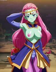 ai_generated blue_eyes breasts breasts_out caway dragon_ball_super hands_behind_head nipples no_bra pink_hair tagme