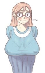 big_breasts blush blushing_at_viewer bra bra_visible_through_clothes breasts breasts_bigger_than_head dress ginger ginger_hair glasses huge_breasts kindergarten_(game) kindergarten_3 large_breasts mkp89_draw ms._lovelett nervous nervous_smile nipple_bulge nipples nipples_visible_through_clothing orange_hair sagging_breasts tagme