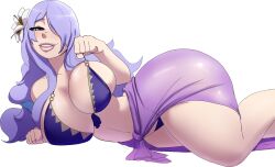 1girls alternate_costume bikini breasts camilla_(fire_emblem) camilla_(summer)_(fire_emblem) cleavage female fire_emblem fire_emblem_fates fire_emblem_heroes flower flower_in_hair hair_flower huge_breasts light-skinned_female light_skin looking_at_viewer lying lying_on_side n-ronin nintendo official_alternate_costume purple_bikini purple_hair purple_swimsuit source_request swimsuit thick_thighs