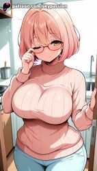 1girls 2025 ai_assisted ai_generated anime artist_name beyond_the_boundary big_breasts big_breasts big_breasts big_chest blue_pants blush breast breasts breasts breasts bust busty chest denim desk eyebrows_visible_through_hair female glasses hi_res high_quality high_resolution highres indoors jeans jewelry kuriyama_mirai kyoukai_no_kanata large_breasts pants patreon patreon_username pink_hair ribbed_sweater short_hair skypassion solo stable_diffusion sweater table turtleneck watermark yellow_eyes