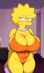 ai_generated blush cleavage covered_erect_nipples groin highleg_swimsuit huge_breasts lisa_simpson one-piece_swimsuit pearl_necklace skindentation spiked_hair the_simpsons thick_thighs wide_hips yellow_skin zakvar