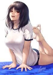 1girls barefoot big_breasts black_hair bloomers bra_visible_through_clothes buruma feet_up female female_only gym_uniform lioreo looking_at_viewer medium_hair open_mouth original red_eyes short_sleeves soles solo tagme white_shirt