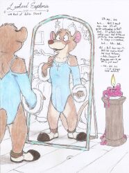 absurd_res anthro basil_(disney) bedroom blush breath bulge candle clothed clothing crossdressing crucifix disney dressing_up erection erection_under_clothing excited fire footwear form_fitting fur_trim_(clothing) genital_outline hand_on_chest hi_res leotard looking_at_mirror looking_at_object male male_only mammal mirror mirror_reflection mouse murid murine nervous panting penis_outline reflection rodent rufe_squirrel sequins shoes slim socks solo stuttering talking_to_self the_great_mouse_detective traditional_media_(artwork) victorian