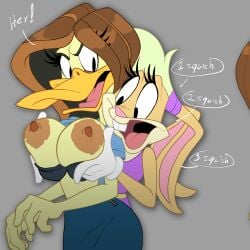 2024 2girls black_eyes blonde_hair bra bra_down breasts brown_hair cartoon_network coolerinker duck female female_focus female_only furry grabbing_breasts grabbing_from_behind gray_background grey_background inker_comics inkershike lesbian lola_bunny long_hair looney_tunes nipples rabbit skirt tan_fur text text_bubble the_looney_tunes_show tina_russo warner_brothers yellow_body yellow_fur yuri