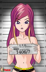 barely_clothed blue_eyes censored emotionless expressionless jail mugshot panties paulol photography pink_hair prison prisoner roxy_(winx_club) shirtless sign uncaring winx_club