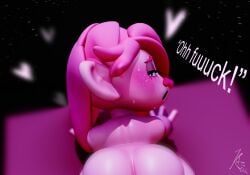 3d 3d_(artwork) all_fours ambiguous_penetration blush female_focus female_only humanoid knotzdoodles looking_at_viewer looking_back looking_pleasured nude nude_female penetration pink_body pink_hair pink_skin poppy_(trolls) pov sweating text thick thick_thighs troll trolls_(film)