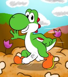 anthro balls clothing cloud darkajugin erection flower footwear footwear_only foreskin genitals green_body green_yoshi hi_res looking_at_viewer male male_only mario_(series) mostly_nude mountain multicolored_body nintendo penis plant red_spines running shell shoes shoes_only sky solo tight_foreskin two_tone_body uncircumcised video_games yoshi yoshi's_island