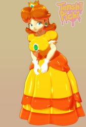 3d arms_on_waist bending_forward bending_over big_breasts breasts_squeezed_together fully_clothed large_breasts mario_(series) mikumikudance mmd nintendo posing princess_daisy tenshipichi wide_hips