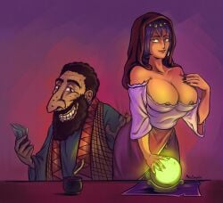 1boy 1girls beard breasts_out brown_skin cheerful_shopkeeper_(lonarpg) female fortune_teller fortune_teller_(lonarpg) glowing_orb gypsy husband_and_wife jew jewish joshua_ari_alaluf lonarpg male nipple_outline purple_hair tan_skin wojak