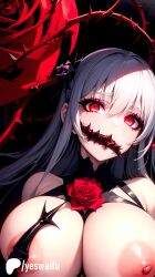 1girls ai_generated big_breasts breasts close-up gag glowing_eyes latex nipples red_eyes rose_(flower) thorns uncensored white_hair yeswaifu