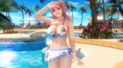 3d dead_or_alive female female_focus female_only floral_print flower_pattern flower_print honoka_(doa) large_breasts outdoors panty_peek pink_hair pool short_skirt skirt smiling swimming_pool swimsuit tagme thick_thighs white_panties