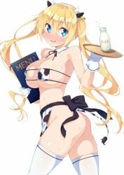 :d animal_ears animal_print apron ass bare_shoulders bikini bikini_top_only blend_s blonde_hair blue_eyes blush bottle breasts commentary_request cow_ears cow_horns cow_print cow_tail detached_collar ear_tag eyepatch_bikini fake_animal_ears fake_horns female gloves hair_between_eyes hairband highres hinata_kaho horns kazuma_(kazumav) large_breasts long_hair menu milk milk_bottle no_panties nose_blush print_apron print_bikini simple_background smile solo sweat swimsuit tail thighhighs tray twintails very_long_hair waist_apron white_background white_gloves white_hairband white_thighhighs