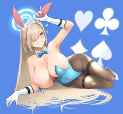 000ink 1girls 2021 animal_ears asuna_(blue_archive) asuna_(bunny)_(blue_archive) bangs bare_shoulders blue_archive blue_leotard blush breasts brown_legwear cleavage detached_collar fake_animal_ears female female_focus female_only gloves hair_over_one_eye highleg highleg_leotard large_breasts leotard light_brown_hair long_hair looking_at_viewer millennium_science_school_student mole mole_on_breast noir_(4chan) one_eye_covered pantyhose playboy_bunny rabbit_ears smile solo solo_female thighs white_gloves