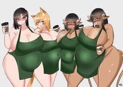 4girls absurdres apron bayoshii blush breasts cleavage cow_girl female female_only fox_girl glasses highres huge_belly huge_breasts iced_latte_with_breast_milk lactation looking_at_viewer meme milk pregnant ready_to_pop thick_thighs wide_hips